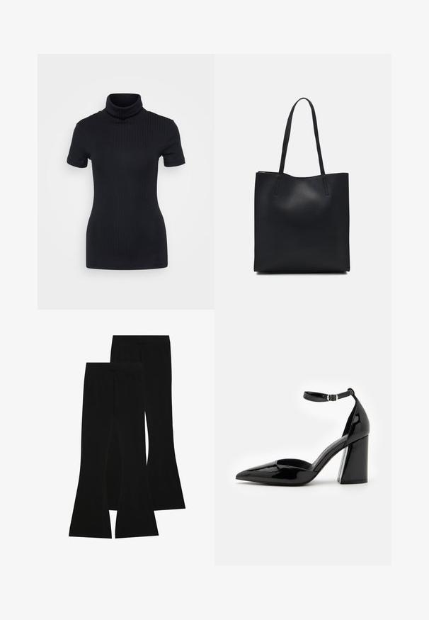 Fekete bordás garbó, rövid ujjú, testhez simuló dizájn, puha tapintás, minimális varrásokkal és magas gallérral.; Fekete harangszárú nadrág, elasztikus anyagból, magas derekú, sima textúrával, formázott kialakítással, amely a térdtől bővül.; Fekete patent bőr magassarkú cipő hegyes orral, bokapánttal és széles blokk talppal a stabilitás érdekében, sima, fényes textúrával.; Fekete bőrtáska sima felszínnel, téglalap alakú, két hosszú füllel. Nincs látható fémkiegészítő vagy díszítés.