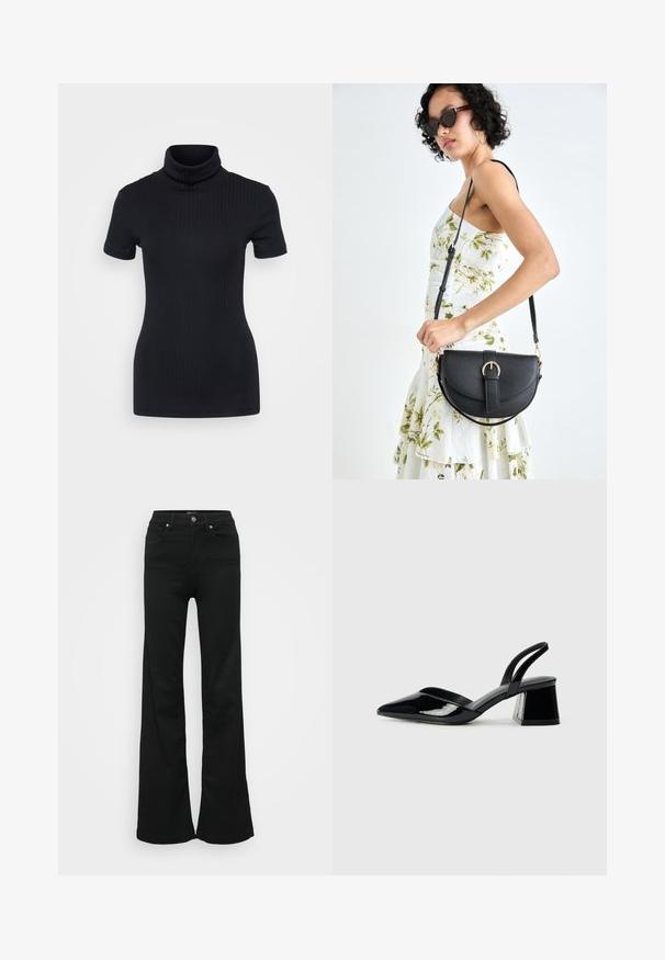 Top negru din tricot cu guler înalt, mâneci scurte, design mulat, textură moale, cusături minime.; Jeans negri evazați din denim, cu talie înaltă, cinci buzunare și închidere cu nasture metalic. Textură netedă, cu detalii minime.; Pantofi cu toc slingback din piele lacuită neagră, cu vârf ascuțit și toc geometric. Prezintă un design elegant, minimalist și o textură netedă.; Geantă din piele neagră, cu o formă curbată, curea detașabilă și accesorii aurii. Geanta are un capac cu un detaliu tip cataramă.