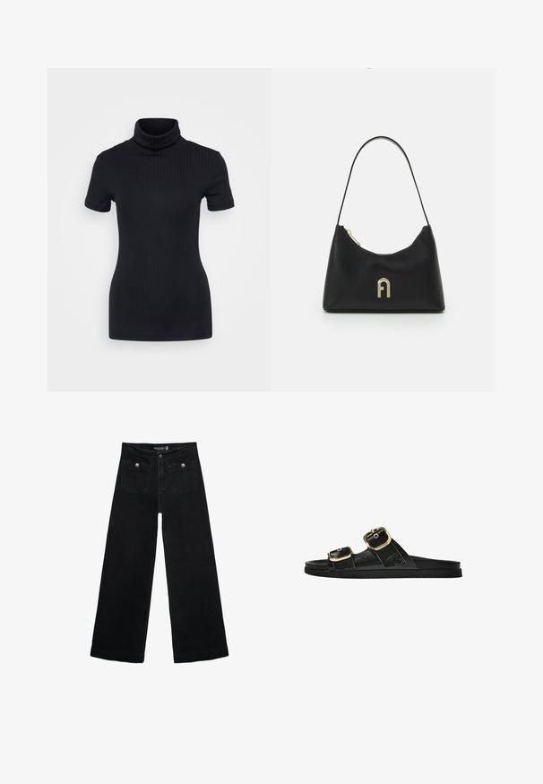 Czarny, prążkowany top z golfem, krótki rękaw, dopasowany krój, miękka faktura, minimalne szwy i wysoki kołnierz.; Czarne, szerokie dżinsy z wysokim stanem, z dwoma przednimi kieszeniami i metalowymi guzikami. Tkanina ma gładką fakturę.; Czarne klapki z dwoma złotymi klamrami, gładki materiał, płaska podeszwa i minimalistyczny design.; Czarna torba na ramię wykonana z gładkiego materiału, o zaokrąglonym kształcie, z jednym paskiem oraz złotym logo na przedniej stronie.