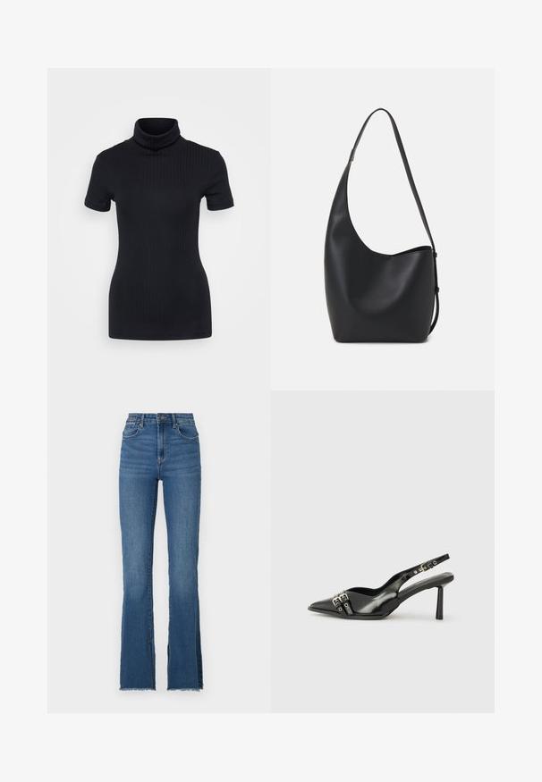 Černý žebrovaný rolák, krátké rukávy, přiléhavý design, měkká textura, minimální švy a vysoký límec.; Rozšiřující se modré džíny s vysokým pasem, s roztrhaným lemem a pěti kapsami. Hladká textura s jemným vyblednutím.; Černá lakovaná slingback obuv s špičatou špičkou, kotníkovými pásky s kovovými sponami a příslušenstvím, a štíhlým podpatkem.; Černá kožená hobo taška s hladkým povrchem, zakřiveným tvarem a jedním nastavitelným popruhem; má široké otevírání nahoře.
