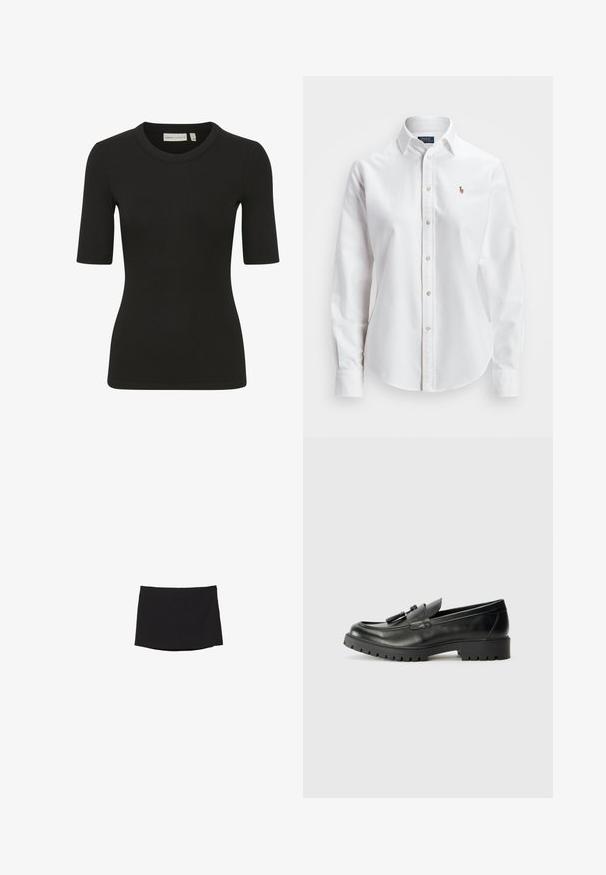 Čierne rebrované tričko s okrúhlym výstrihom a krátkymi rukávmi. Tkanina má textúrovaný vzhľad, čo zabezpečuje priliehavý strih.; Biela košeľa s dlhými rukávmi a gombíkmi vyrobená z bavlny, s klasickým golierom a malým vyšitým logom na hrudi.; Čierna minisukňa vyrobená z hladkého, elastického materiálu; má rovný strih s nenápadným lemom a bez viditeľných zapínaní alebo vzorov.; Čierne kožené loafers so zaoblenou špičkou, výrazným švom a štruktúrovanou gumovou podrážkou. Disponujú dekoračnou kovovou súčiastkou na prednej časti.