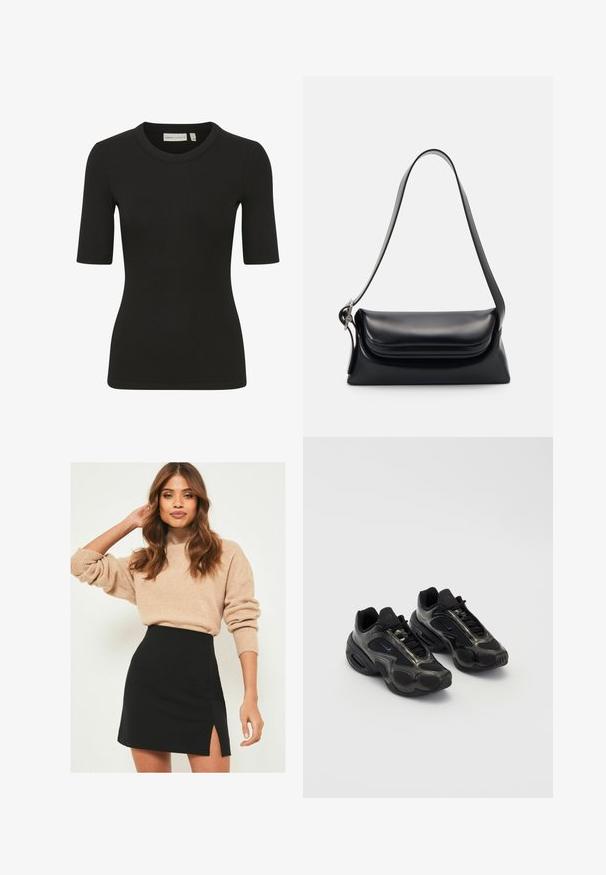 Juodas raukšlėtas marškinėliai su apvaliu iškirpimu ir trumpomis rankovėmis. Audinys turi tekstūruotą išvaizdą, suteikiančią prigludusią siluetą.; Bežinis mezginys megztinis su rauktomis rankovėmis suderintas su juoda mini sijonu, turinčiu šoninio plyšio. Apranga turi laisvą, tačiau prigludusį siluetą.; Juodos sportinės bateliai su sintetine medžiaga, tinklelio akcentais ir apvaliais padais. Yra šniūriavimo sistema ir ryškus Nike logotipas ant liežuvio.; Juodas odinis rankinės krepšys su struktūrizuota forma, glotnia tekstūra ir viena petneša. Pasižymi subtiliu, apvaliu dangčiu.; Sidabrinis Casio kvarcinis laikrodis su stačiakampiu ciferblatu, analoginiais ir skaitmeniniais rodmenimis, nerūdijančio plieno apyranke ir atsparumu vandeniui.