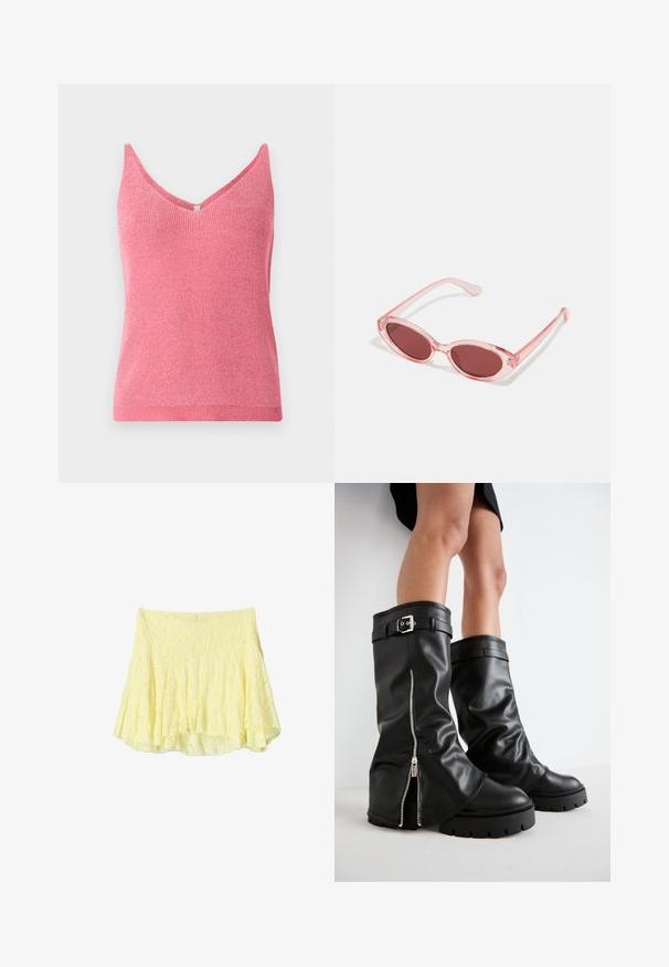 Vaaleanpunainen hihaton paita V-kaula-aukolla, jossa on teksturoitu neulottu kangas ja ribbireunus. Kevyt ja istuva, sopii kerrokselliseen pukeutumiseen.; Keltainen levenevä hame, joka on valmistettu teksturoidusta kankaasta ja jossa on kerroksellinen muotoilu, hieman epätasainen helma. Kevyt ja ilmava ilme.; Musta nahkainen polvipitkä saappaat, joissa on leveä varsi, sivuzip, solkiyksityiskohta, teksturoidu pinta ja paksu kumipohja.; Vaaleanpunaiset läpinäkyvät aurinkolasit, joissa on soikeat linssit, tumma punainen sävy ja hoikat sankarit. Kehyksissä on sileä pinta ja hienovaraista yksityiskohtaisuutta.