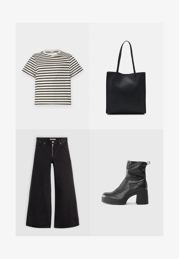 Striped T-shirt with a crew neck, made of lightweight cotton, featuring evenly spaced black and cream stripes, short sleeves, and a relaxed fit.; Wide-leg jeans in black denim with a zippered front, five-pocket design, and subtle stitching details. Smooth texture and casual style.; Black ankle boots made of smooth leather, featuring a side zipper, chunky textured heel, and rounded toe design.; Black leather tote bag with smooth texture, rectangular shape, and two long handles. No visible hardware or embellishments.