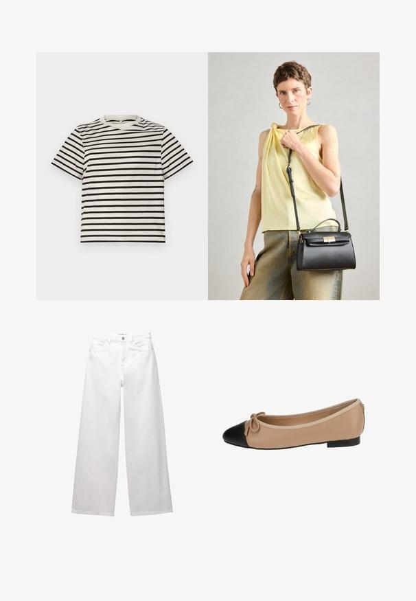 Prúžkované tričko s okrúhlym výstrihom, vyrobené z ľahkej bavlny, s rovnomerne rozmiestnenými čiernymi a krémovými prúžkami, krátkymi rukávmi a voľným strihom.; Biele široké džínsy vyrobené z denimu. Obsahujú zapínanie na gombík, predné a zadné vrecká a prešité švy. Hladká textúra s minimálnym zdobením.; Baleríny z béžovej kože s čiernou špičkou. Obsahujú prednú mašľu a hladký povrch. Nízky profil s gumovou podrážkou.; Čierna kožená kabelka so štruktúrovaným dizajnom, hornou rukoväťou a nastaviteľným popruhom. Hladká textúra a detail zlatého kovania.