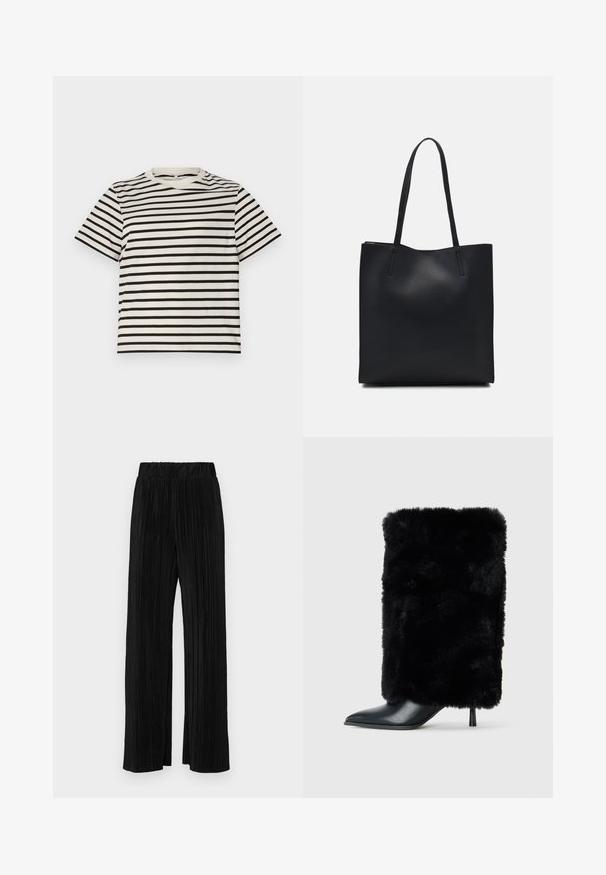 Striped T-shirt with a crew neck, made of lightweight cotton, featuring evenly spaced black and cream stripes, short sleeves, and a relaxed fit.; Black pleated trousers with an elastic waistband. Features wide legs and a smooth, textured fabric with vertical stripes.; Black ankle boot with a pointed toe and stiletto heel, featuring a plush black faux fur shaft. Smooth leather accent on the toe.; Black leather tote bag with smooth texture, rectangular shape, and two long handles. No visible hardware or embellishments.