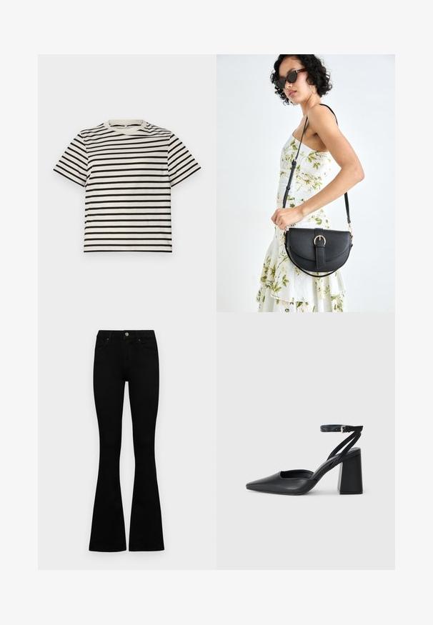 Tricou cu dungi, cu guler rotund, realizat din bumbac ușor, prezentând dungi negre și crem dispuse uniform, cu mâneci scurte și o croială relaxată.; Jeans negri cu talie înaltă, cu închidere prin nasture și fermoar, buzunare frontale și picioare evazate, așezați pe un fundal alb.; Pantofii cu toc ascuțit din piele neagră, cu breteaua pentru glezne și toc gros. Textură netedă, design elegant și estetică minimală.; Geantă din piele neagră, cu o formă curbată, curea detașabilă și accesorii aurii. Geanta are un capac cu un detaliu tip cataramă.