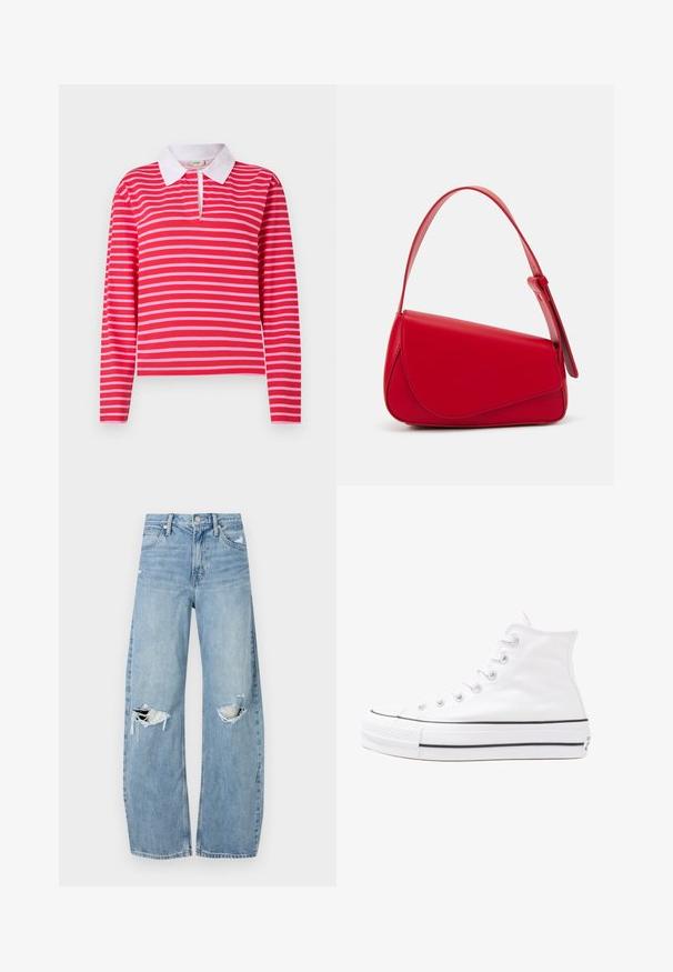 Červeno-růžový pruhovaný polo triko s dlouhým rukávem, bílé límce a výstřihem. Vyrobeno z měkké, prodyšné tkaniny.; Světle modré džíny s vysokým pasem vyrobené z denimu. Mají široké nohavice, dvě roztržené oblasti na kolenou a klasický pětikapsový střih.; Bílé vysoké plátěné tenisky s černou gumovou podrážkou, přední gumovou špičkou a šesti očky na tkaničky, se čistým, minimalistickým designem.; Červená kožená kabelka s ostrým, geometrickým designem. Má jeden nastavitelný popruh a klopu s prošívanými detaily.