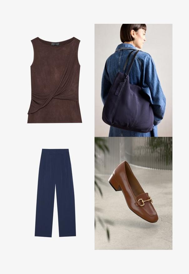 Smeđa bezrukavna majica od lagane tkanine s drapiranim dizajnom i bočnim naglaskom, s okruglim izrezom i suptilnom teksturom.; Tamno plave hlače širokih nogavica, izrađene od mekog materijala, s prednjim nabora, glatke teksture i ravnog kroja bez vidljivih džepova.; Smeđi lakirani loafer s kvadratnim vrhom, metalnim lancem kao naglaskom i niskom blok petom; glatka tekstura, minimalistički dizajn.; Mornarska platnena torba s mekim, strukturiranim oblikom, s crnim remenom, šavnim detaljima i malom oznakom branda.