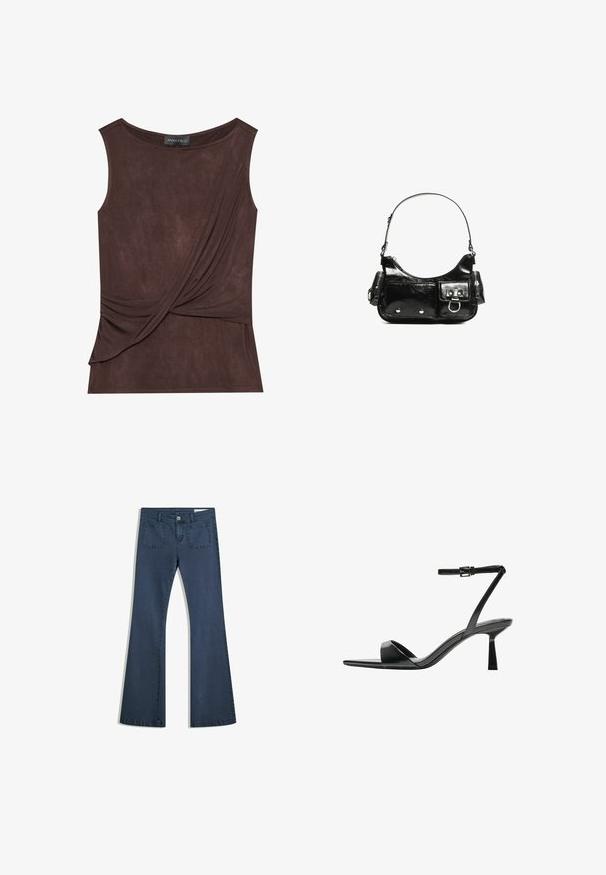 Hnedý bezrukávový top z ľahkej tkaniny s drapériou a bočným akcentom, s okrúhlym výstrihom a jemnou textúrou.; Tmavomodré zvonové džínsy s prešitými vreckami, zapínaním na gombík a hladkou textúrou. Obsahujú klasický dizajn s piatimi vreckami.; Bershka Sandále na vysokom opätku - black; Čierna laková kožená kabelka s ohnutým tvarom, jedným ramenným popruhom, prednými vreckami a striebornými kovovými doplnkami.