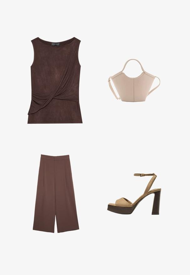 Top marrone senza maniche in tessuto leggero con design drappeggiato e dettaglio laterale, dotato di scollatura rotonda e una sottile trama.; Pantaloni ampi marroni con una texture liscia, caratterizzati da una vita alta e pieghe frontali. Il tessuto è leggero e scorre liberamente.; Sandali con tacco alto in suede beige, con una larga fascetta anteriore e una fascetta alla caviglia, dotati di un tacco blocco in legno spesso con una finitura testurizzata.; Borsa in pelle beige con una forma unica, caratterizzata da due manici corti e una lunga tracolla regolabile. Texture liscia con hardware minimale.