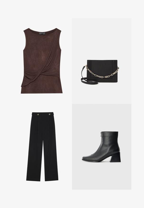 Rjava brezrokavnik iz lahkega materiala, ki se ponaša z drapirano zasnovo in stransko oporo, z okroglim izrezom in subtilno teksturo.; Črne široke hlače s visokim pasom, gumbnimi detajli na pasu in sprednjimi gubami.; Črne usnjene gležnjarice s kvadratnim nosom, stranskim zadrgo in blok peto na enostavni svetli podlagi.; Črna usnjena torba čez ramo z gladko teksturo, pravokotno obliko in kovinskim verižnim detajlom spredaj. Vključena je nastavljiva naramnica.