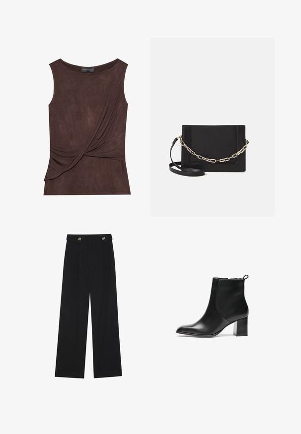Topul fără mâneci de culoare maro, realizat dintr-un material ușor, se caracterizează printr-un design drapat și un accent lateral, având un decolteu rotund și o textură subtilă.; Pantaloni negri cu picioare largi, talie înaltă, detalii cu butoane pe talie și pliseuri în față.; Bocanc negru din piele până la gleznă, cu vârful rotunjit, toc bloc de înălțime medie și o bucată de prindere în spate. Textură netedă, design minimalist.; Geantă de umăr din piele neagră, cu o textură netedă, formă rectangulară și un detaliu din lanț metalic în față. Include curea reglabilă.