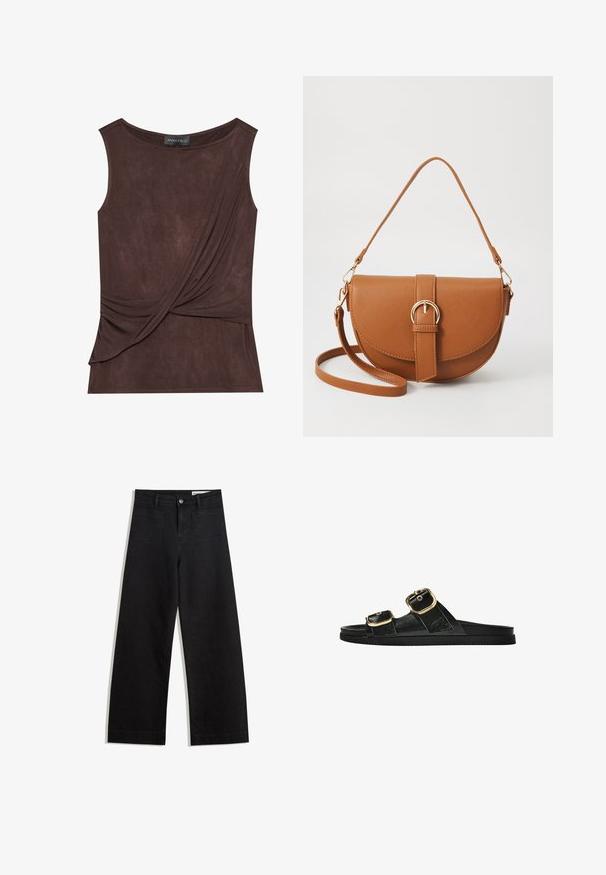 Brown sleeveless top in lightweight fabric featuring a draped design and side accent, with a round neckline and subtle texture.; Black wide-leg denim pants with a high waist, featuring front and back pockets, stitched seams, and a button closure. Smooth texture.; Black slide sandal with two gold buckle accents, smooth textured material, flat sole, and a minimalist design.; Brown leather crossbody bag with a curved shape, gold hardware, and a buckle accent. Features a detachable shoulder strap.