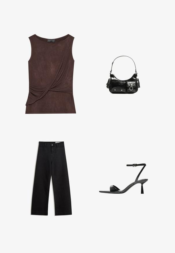 Hnedý bezrukávový top z ľahkej tkaniny s drapériou a bočným akcentom, s okrúhlym výstrihom a jemnou textúrou.; Čierne denimové nohavice s širokými nohavicami a vysokým pásom, so prednými a zadnými vreckami, šitými švami a zapínaním na gombík. Hladká textúra.; Bershka Sandále na vysokom opätku - black; Čierna laková kožená kabelka s ohnutým tvarom, jedným ramenným popruhom, prednými vreckami a striebornými kovovými doplnkami.