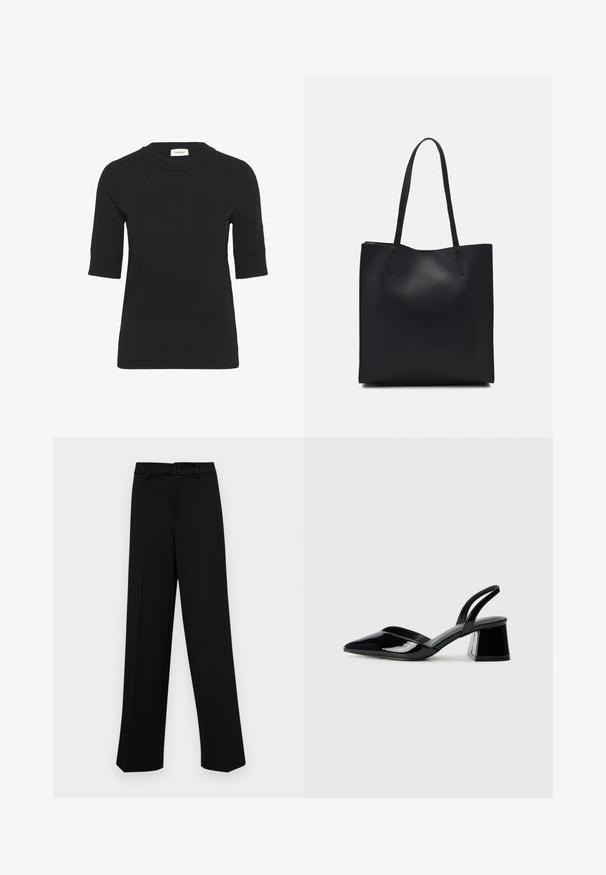 Black short-sleeve knit top with a ribbed texture and a crew neckline. Features a fitted silhouette and subtle stitching details.; Black wide-leg trousers made of smooth fabric, featuring a classic waistband with a button closure and front pleats.; Black patent leather slingback heels with a pointed toe and a geometric block heel. Features a sleek, minimal design and smooth texture.; Black leather tote bag with smooth texture, rectangular shape, and two long handles. No visible hardware or embellishments.