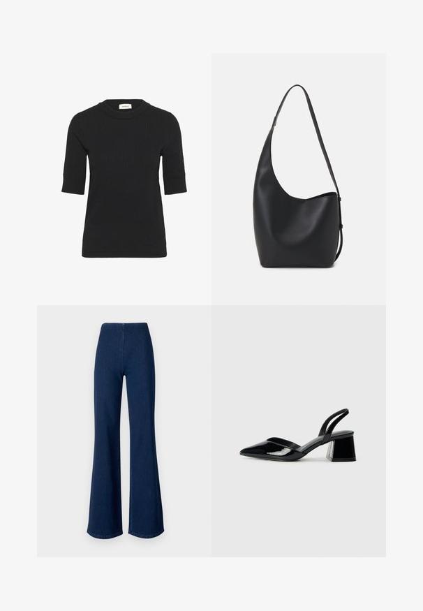 Black short-sleeve knit top with a ribbed texture and a crew neckline. Features a fitted silhouette and subtle stitching details.; Dark blue flared jeans made of denim with an elastic waistband. Features a smooth texture and wide leg design extending to the hem.; Black patent leather slingback heels with a pointed toe and a geometric block heel. Features a sleek, minimal design and smooth texture.; Black leather hobo bag with a smooth texture, curved shape, and single adjustable strap; features a wide opening at the top.
