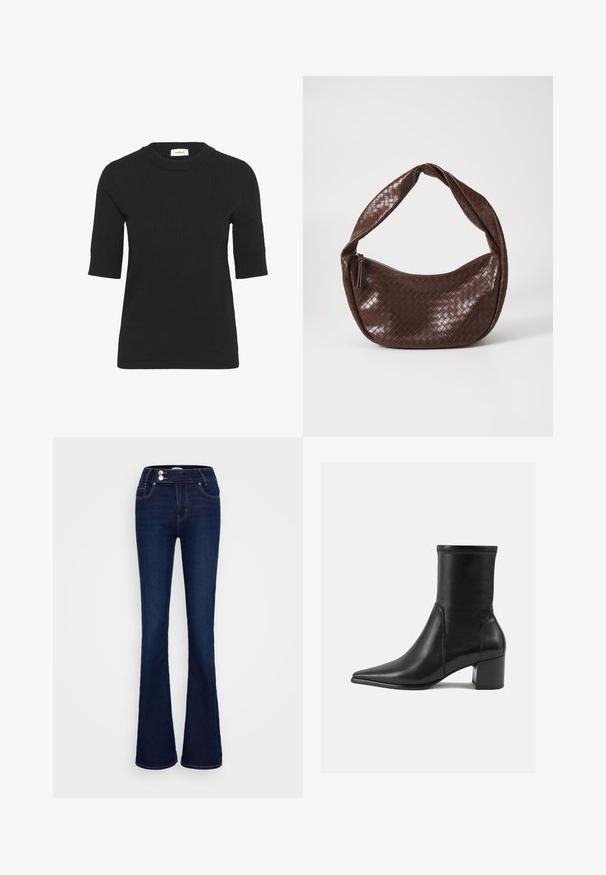 Black short-sleeve knit top with a ribbed texture and a crew neckline. Features a fitted silhouette and subtle stitching details.; Dark blue flared jeans featuring a high-rise waist, two front pockets, and two button closures. Made from denim with a smooth texture.; Black ankle boot made of smooth leather, featuring a pointed toe, a block heel, and distinct raised stitching at the top edge.; Brown woven leather handbag with a curved, knotted handle and a zippered closure. Smooth texture and rounded shape.