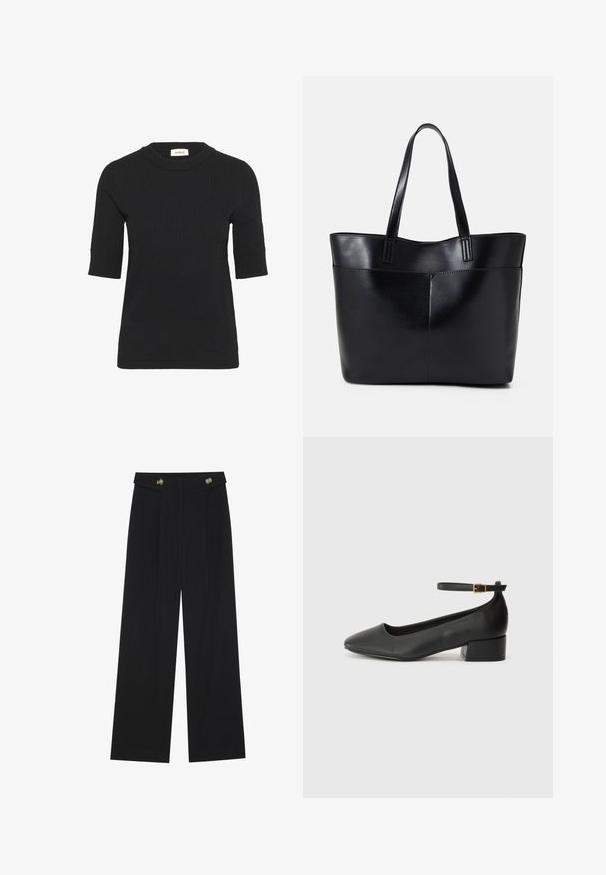 Melna īsām piedurknēm adīta blūze ar ribotu tekstūru un apaļu dekoltē. Izceļas ar pieguļošu siluetu un niansētām izšūšanas detaļām.; Melnas platās bikses ar augstu jostasvietu, pogu detaļām uz jostas un priekšējām krokām.; Melnas ādas sūkņi ar smailu purngalu un zemu bloku papēdi. Iezīmēts ar potītes siksniņu ar zelta krāsas sprādzi. Gluda tekstūra.; Melnas ādas iepirkumu soma ar divām garām rokturām, gludu tekstūru un strukturētu formu. Iekļauj priekšējo kabatu papildu uzglabāšanai.