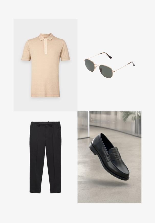 Beige polo shirt med korte ærmer, en knapstolpe med tre knapper, og en struktureret stoffinish. Casual design med klassisk krave.; Sorte skræddersyede bukser lavet af glat stof, med flad front, bæltestropper og sidelommer. Lige ben-design.; Sort lædersko med glat tekstur, spids tå og en dekorativ rem over vristen. Letvægts sål, minimalistisk design.; Guldmetallisk brille med mørkegrønne linser, aviator-stil, med slanke arme og skildpadde-mønstrede detaljer på spidserne.