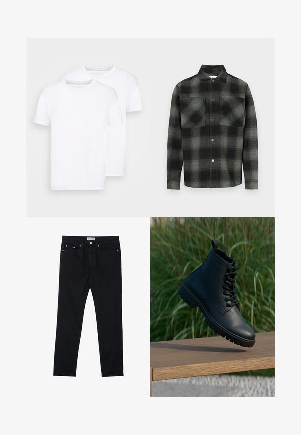 TOM TAILOR DOUBLE PACK - T-paita - white; Ruudullinen paita mustan ja harmaan sävyissä, jossa on napitettava etuosa, kaksi rintataskua ja kaulus. Valmistettu teksturoidusta kankaasta.; Mustat farkut, joissa on suora lahkeiden malli, viisi taskua, metallirei'itykset ja nappisuljenta. Pehmeä rakenne, jossa on hieman joustoa.; Musta nilkkuri, joka on valmistettu sileästä nahasta. Ominaisuuksiin kuuluu nauhakiinnitys, pyöreä kärki ja kova pohja, jossa on selkeä kuviointi. Pieni vetotappi kannassa.