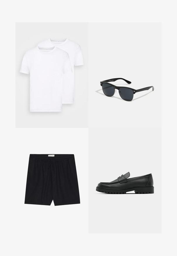 TOM TAILOR DOUBLE PACK - Jednoduché tričko - white; Černé šortky s elastickým pasem a šňůrkou, s hladkým povrchem a rovným střihem, vhodné pro každodenní nošení.; Černé kožené mokasíny s kulatou špičkou, zdobené prošitím, s nízkou platformou a texturovanou gumovou podrážkou s drážkováním.; Černé sluneční brýle s obdélníkovým tvarem, tmavými skly, stříbrnými akcenty na spáncích a matným povrchem rámu.