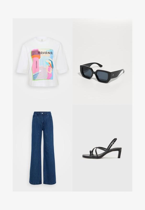 White cotton t-shirt featuring a colorful Havana print with a stylized figure, architectural elements, and bold text, offering a relaxed fit.; Wide-leg blue denim jeans with a high waist, front button and zipper closure, and front and back pockets against a plain background.; Black strappy sandal with a square toe and a low block heel. Features multiple thin straps and an adjustable ankle strap. Made of smooth leather.; Black oversized sunglasses with a geometric design, rectangular lenses, and glossy finish. No visible branding on the front.; Gold hoop earrings with a smooth, rounded design. Features a small hinge closure, lightweight appearance, and a polished finish.