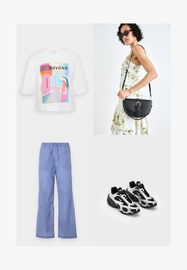 Balta medvilninė marškinėliai su spalvinga Havanos spauda, pavaizduojančia stilizuotą figūrą, architektūrinius elementus ir ryškų tekstą, siūlantys laisvai krentančią išvaizdą.; Mėlyni lengvi kelnes su elastinga juosta, turinčios laisvą siluetą ir šonines juosteles. Pagamintos iš glotnaus, patvaraus medžiagos.; Juodos ir sidabrinės sportinės bateliai, su tinkline ir sintetine viršutine dalimi, išsiskiriantys unikaliu banginiu dizainu ir paminkštinta apykakle, su oro pagalvėmis pado viduje.; Juodas odinis krepšys su išlenkta forma, nuimamu dirželiu ir auksiniais detalėmis. Krepšys turi kilpą su sagtimi.
