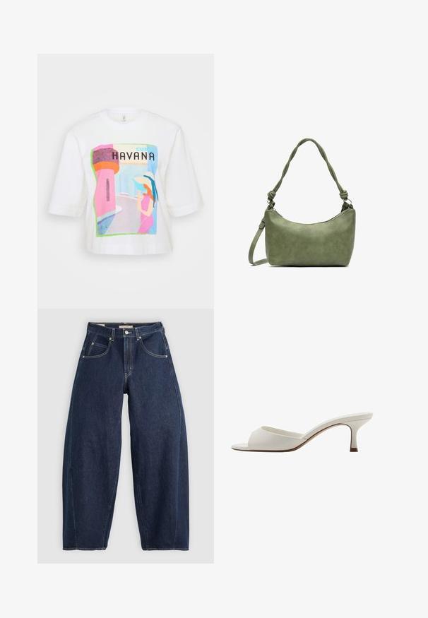 White cotton t-shirt featuring a colorful Havana print with a stylized figure, architectural elements, and bold text, offering a relaxed fit.; Dark blue denim jeans with a loose fit, light stitching, five pockets, and a button closure at the waistband.; White open-toed high-heeled mules with a smooth finish, minimalist design, and a slender heel, featuring a subtle brown accent on the sole.; Green leather handbag with a smooth texture, curved shape, and braided handle. Features a zip closure and an adjustable strap.