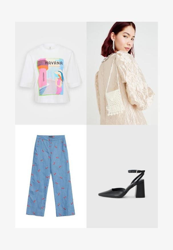 T-shirt de algodão branco com uma estampa colorida de Havana, featuring uma figura estilizada, elementos arquitetónicos e texto em destaque, oferecendo um corte descontraído.; Calças de ganga azul claro com bordados de cerejas vermelhas por todo o lado, design de perna larga e cintura plana com bolsos.; Sandal com biqueira afilada em couro preto, com cinta no tornozelo e salto grosso. Textura lisa, design elegante e estética minimalista.; Bolsa de pérolas brancas com uma superfície texturizada e um fundo franjado, usada com uma peça de vestuário beje amassada.