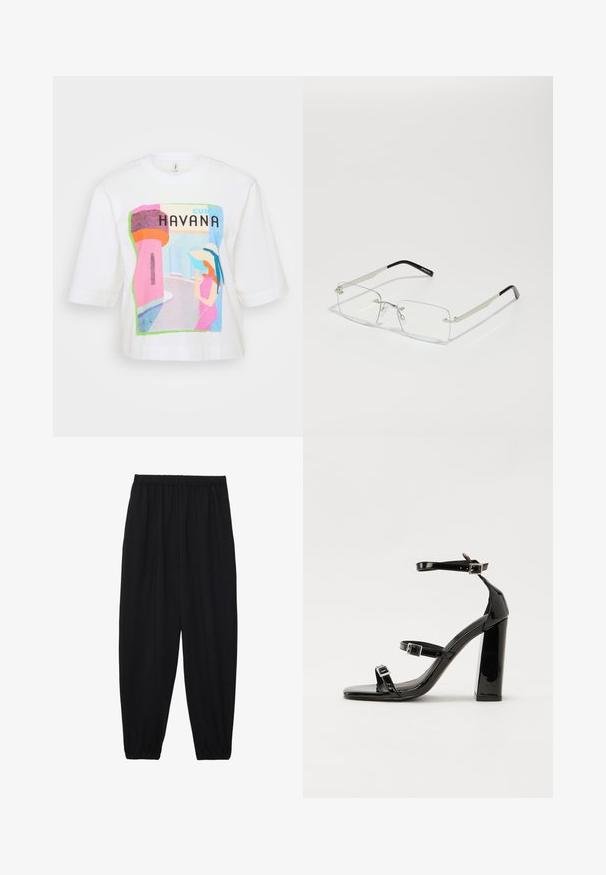 Camiseta blanca de algodón con un estampado colorido de La Habana que incluye una figura estilizada, elementos arquitectónicos y texto en negrita, ofreciendo un ajuste relajado.; Pantalones negros, ligeros, con cintura elástica y tobillos fruncidos. La tela es suave y presenta un diseño relajado y ajustado.; Sandalias de tacón de charol negro con punta cuadrada, correas en el tobillo y hebillas plateadas. Presentan un tacón grueso para mayor estabilidad.; Gafas rectangulares con lentes claros, un delgado marco de metal plateado y puntas de acetato negro. Presentan un hardware mínimo para un diseño elegante.