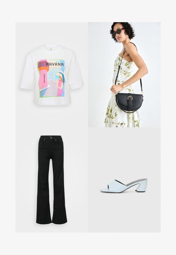 White cotton t-shirt featuring a colorful Havana print with a stylized figure, architectural elements, and bold text, offering a relaxed fit.; Black flared jeans made from denim, featuring a high waist, five pockets, and metal button closure. Smooth texture with minimal detailing.; Light blue open-toe heeled mules with a geometric design, featuring a wide strap across the foot and a chunky, angular heel.; Black leather handbag with a curved shape, detachable strap, and gold hardware. The bag features a flap with a buckle detail.; Zign Bracelet - silver-coloured