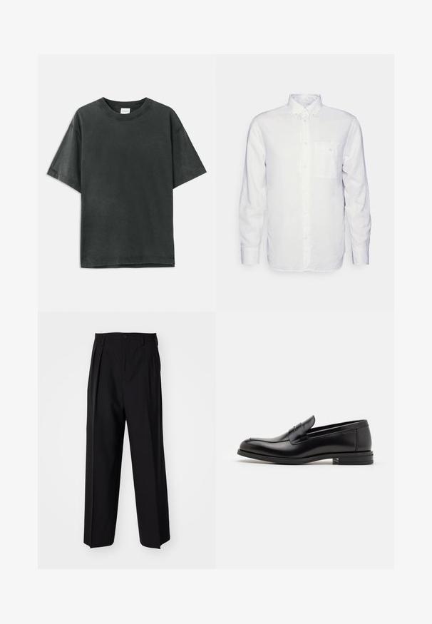 Ciemnoszara bawełniana koszulka z krótkim rękawem, okrągłym dekoltem i subtelnym logo marki. Gładka tekstura, luźny fason i prosta linia dołu.; Biała koszula z długim rękawem wykonana z bawełny, z kołnierzykiem zapinanym na guziki, przednią kieszenią i regularnym krojem. Teksturowana tkanina o gładkiej powierzchni.; Czarne plisowane spodnie o prostym, szerokim kroju nogawek. Wykonane z gładkiego materiału, z zapięciem na guzik i pętelkami na pasek.; Czarne skórzane mokasyny o gładkiej fakturze, zaokrąglonym nosku i dekoracyjnym pasku na przodzie. Niski, warstwowy obcas, minimalistyczny design.