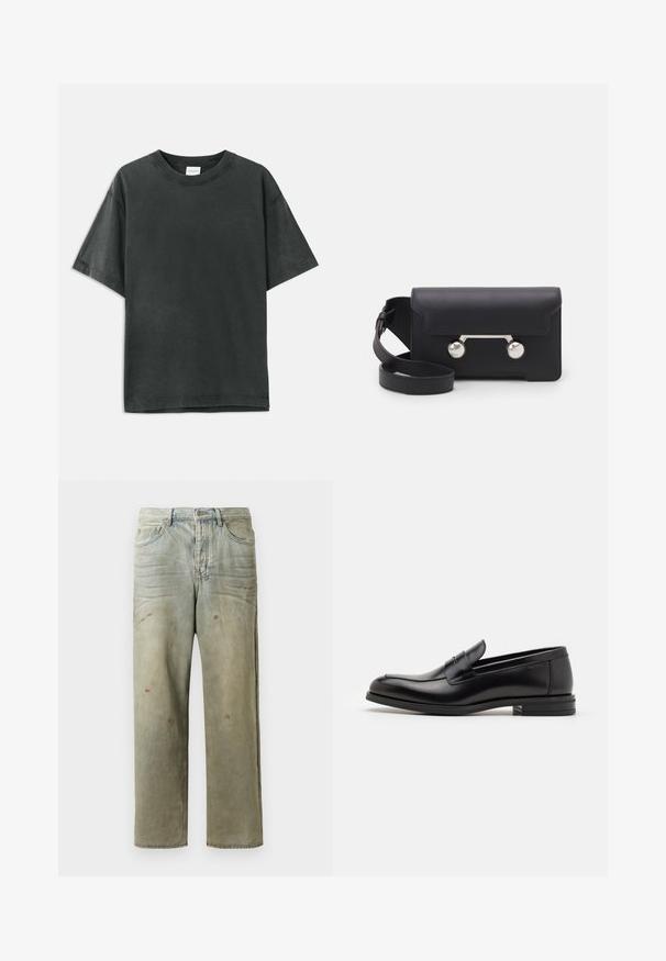 Tamsiai pilkas medvilnės marškinėliai trumpomis rankovėmis, su apvaliu kaklu ir subtiliu prekės ženklu. Lygus paviršius su laisvu siluetu ir tiesia apatine dalimi.; Šviesiai žaliai nuvarytos džinsinės kelnes, su tiesiomis kojomis, penkių kišenių dizainu, nelygiai blukščiantis ir su dažų lašeliais.; Juodos odinės loafers, turinčios lygų paviršių, apvalią noselę ir dekoratyvinę juostą per priekinę dalį. Žemas krentantis kulnas, minimalistinis dizainas.; Juodas odinis kryžminis krepšys su sklendės uždarymu, sidabro spalvos detalėmis ir dviem apvaliais akcentais. Yra nusiimamas diržas. Lygus paviršius.