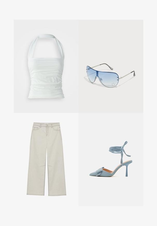 Top halter bianco realizzato in tessuto liscio, con dettagli arricciati e una parte superiore aderente, dotato di spalline larghe che si estendono dal colletto.; Pantaloni a gamba larga grigio chiaro con cinque tasche, chiusura frontale con bottone e cuciture a contrasto lungo le cuciture. Il tessuto appare morbido e resistente.; Scarpa décolleté con punta affusolata in tessuto blu chiaro con finitura texturizzata, caratterizzata da un'accollatura con fiocco e cinturino alla caviglia per una vestibilità sicura.; Occhiali da sole aviator con lenti blu sfumate, montatura in metallo argentato e decorazioni a forma di stella sulle lenti. Design liscio e sofisticato.