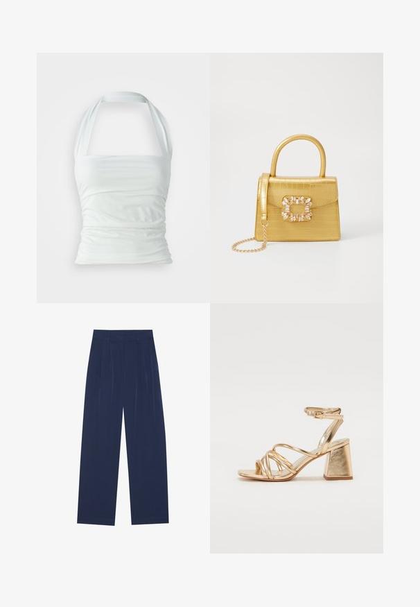 Baltas halterio tipo viršus, pagamintas iš lygaus audinio, su suglebusių detalių ir prigludusia liemenėle, plačiais petnešomis, prasidedančiomis nuo iškirpės.; Tamsiai mėlynos plačios kelnės, pagamintos iš minkštos medžiagos, su priekiniu raukiniu, lygiu paviršiumi ir tiesiu siluetu be matomų kišenių.; Auksinės metalinės kulniuko šlepetės su juostelėmis, kvadratiniu blokiniu kulnu ir reguliuojamu kulkšnies dirželiu su sagtimi. Lygi tekstūra.; Geltonas dirbtinės krokodilo odos rankinukas su standžiu dizainu, viršutine rankena, nuimamu grandininiu dirželiu ir dekoratyviniu krištolo papuošimu ant užsegimo.