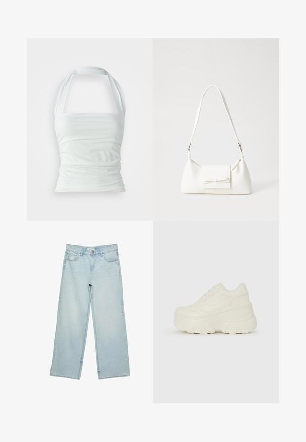 Bijela halter majica napravljena od glatkog materijala, sa skupljenim detaljima i prilagođenim korzetom, s širokim trakama koje se protežu od izreza.; Svijetloplave široke traperice s visokim strukom, s pet džepova i suptilnim izblijeđenjem. Ravnog kroja s obrubljenim rubovima.; Bijele platformske tenisice s glatkim gornjim dijelom koji nalikuje koži, zaobljenim oblikom, podstavljenim okvirom i teksturiranim gumeni potplat s definiranom profilacijom.; Bijela sintetička torbica s trokutastim oblikom, ravnim prednjim poklopcem i detaljem u obliku mašne, podesivom remenom, glatkom teksturom i minimalističkim dizajnom.