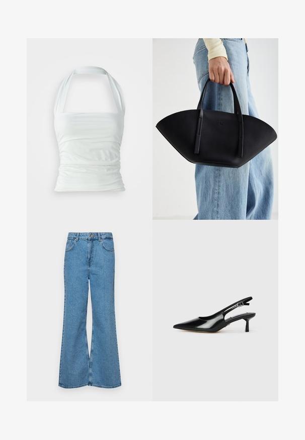 Witte haltertop van gladde stof, met geplooide details en een aansluitend lijfje, met brede banden die vanuit de halslijn komen.; Lichtblauwe flared jeans van denim, met een hoge taille, vijf zakken en een enkele knoopsluiting. Zachte textuur met een vervaagde afwerking.; Zwarte gepatineerde leren slingback hakken met een spitse neus, dunne hak en verstelbare gespstrap. Gladde textuur met minimale details.; Zwarte leren handtas met een unieke waaier vorm, voorzien van platte handvatten. Het oppervlak heeft een gewelfde textuur en een minimalistisch ontwerp.