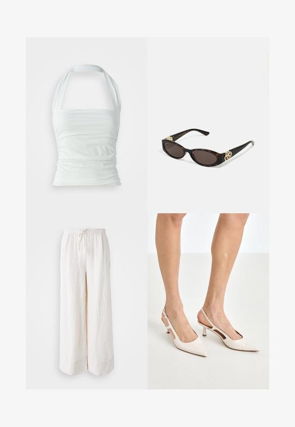 Biały top na halter ze gładkiego materiału, z marszczonymi detalami i dopasowanym korpusem, z szerokimi ramiączkami przechodzącymi od dekoltu.; Beżowe spodnie z szerokimi nogawkami wykonane z lnu, z elastycznym pasem i sznurkiem, charakteryzujące się luźnym krojem oraz prostymi, zwiewnymi nogawkami.; Beżowe lakierowane szpilki z odkrytą piętą, zakończone spiczastym noskiem i 5 cm obcasem, z wyciętymi bokami oraz cienkim paskiem na kostce.; Słoneczne okulary w kolorze żółwi z wydłużonymi owalnymi soczewkami, brązowym odcieniem, złotymi akcentami logo na zausznikach oraz smukłymi czarnymi ramionami.; Beżowa torebka w wzory o zakrzywionym kształcie, z skórzanymi akcentami i złotym logo z przodu. Posiada krótki uchwyt, co ułatwia noszenie.; Naszyjnik z pereł i kryształów o okrągłym, koralikowym wzorze w jasnych odcieniach, z naprzemiennie umieszczonymi perłami i błyszczącymi akcentami, noszony na szyi.