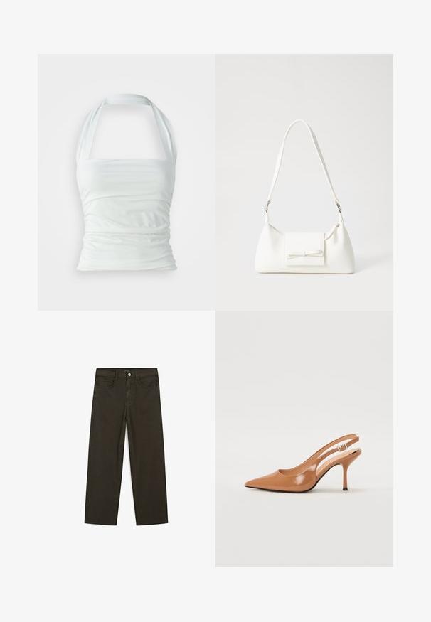 White halter top made of smooth fabric, featuring gathered detailing and a fitted bodice, with wide straps extending from the neckline.; Dark green wide-leg jeans made of cotton blend, featuring a front button closure, five pockets, and classic denim stitching.; Pointed toe slingback heel in a smooth, glossy tan material. Features a curved cutout design and a slender stiletto heel. Silver buckle detail.; White synthetic handbag with a triangular shape, flat front flap and bow detail, adjustable strap, smooth texture, and minimalistic design.