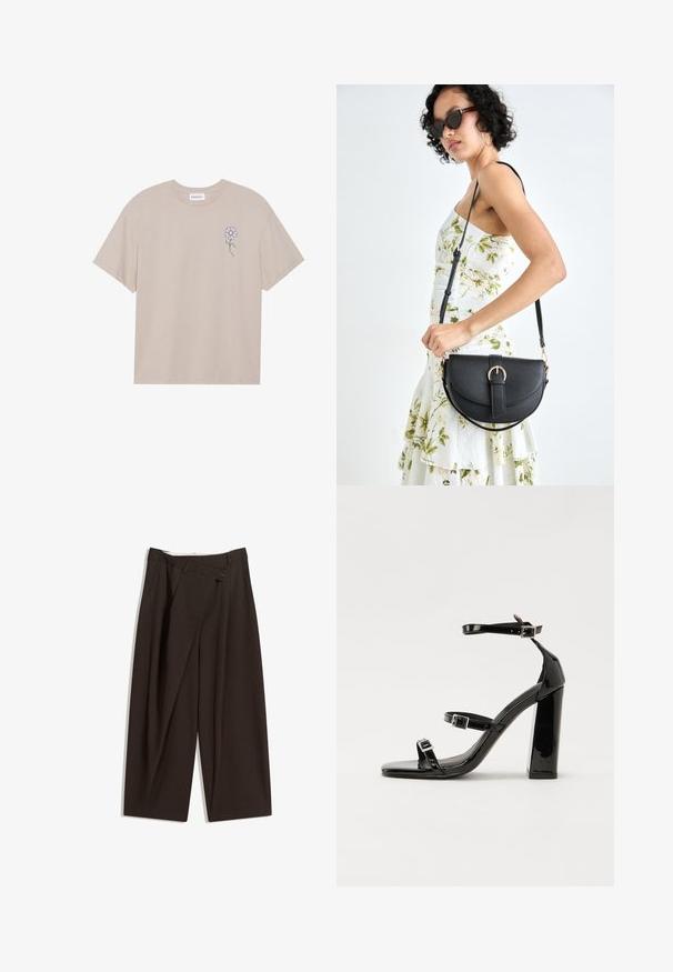 Beige cotton t-shirt featuring a purple flower embroidery on the left chest. Short sleeves and a crew neckline with clean edges.; Dark brown wide-leg trousers with a high waist, featuring a single button closure and a pleated front. Made from lightweight fabric.; Black patent high-heeled sandals with two buckle straps, square toe, and a chunky block heel, featuring a smooth, glossy texture.; Black leather handbag with a curved shape, detachable strap, and gold hardware. The bag features a flap with a buckle detail.
