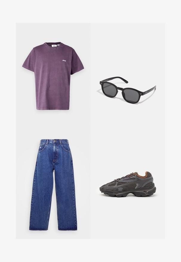 Obey Clothing LOWERCASE TEE UNISEX - Jednoduché tričko - pigment plum perfect; Široké modré džíny s vysokým pasem, které mají pět kapes, zapínání na knoflík a jemné zesvětlení pro zvýraznění textury.; Sněrovací boty Lacoste v tmavě šedé barvě s síťovinou a syntetickým materiálem, prezentující texturovanou podrážku a hnědé detaily na límci a logu.; Černé oválné sluneční brýle s tmavými skly, silnými rámy a stříbrnými tečkami na stranách. Hladký plastový materiál, moderní design.