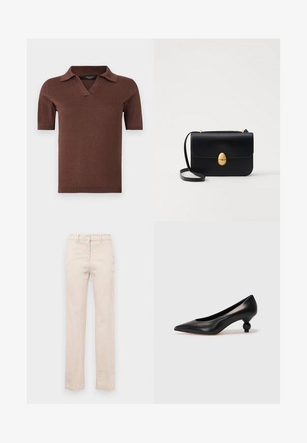 Braunes Polohemd mit kurzen Ärmeln, V-Ausschnitt und Kragen, aus weichem Strickmaterial mit glatter Textur. Einfaches und modernes Design.; Beige Baumwollhosen mit tailliertem Schnitt, geraden Beinen, einem Frontreißverschluss und glatter Textur. Verfügt über traditionelle Gürtelschlaufen.; Schwarze Leder-Pumps mit spitzem Zehenbereich und runder, ballförmiger Ferse. Glatte Textur mit einem eleganten, minimalistischen Design.; Schwarze Lederhandtasche mit strukturierter rechteckiger Form. Verfügt über einen goldenen ovalen Verschluss und einen dünnen Schulterriemen. Glatte Textur.