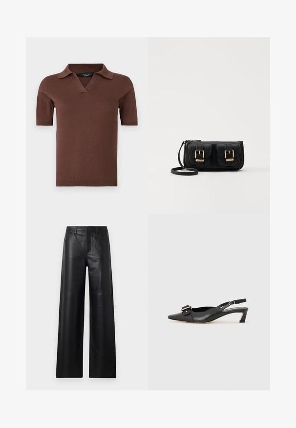 Brun kortærmet polo shirt med V-hals og krave, lavet af blødt strikmateriale med en glat tekstur. Simpelt og moderne design.; Bredde ben sorte læderbukser med en glat tekstur, der har frontlommer, knaplukning og subtile syninger.; Sorte læder slingback sko med spidse tæer, lille hæl og dekorativ spænde detalje på overdelen. Glat tekstur, minimalistisk design.; Sort læder crossbody taske med to frontlommer, guldspænder, lynlåslukning og en slank rem. Struktureret overflade og kompakt rektangulær form.