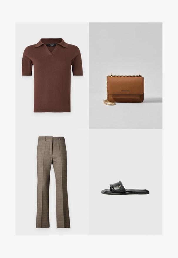 Polo shirt marrone a maniche corte con scollo a V e colletto, realizzato in morbido materiale a maglia con una consistenza liscia. Design semplice e moderno.; Pantaloni a quadri marroni con taglio dritto, caratterizzati da un tessuto testurizzato e da sfumature sottili di beige e marroni scuri in tutto il motivo.; Sandal in pelle nera con dettaglio a strappo intrecciato, suola piatta e design elegante. Texture liscia e profilo minimalista.; Borsa a tracolla in pelle marrone con texture, dotata di catena dorata e chiusura a pattina. Sul davanti presenta un dettaglio con logo e una tasca sotto la pattina.