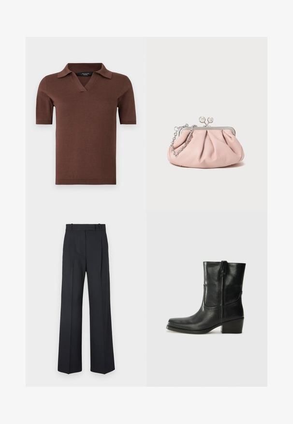 Pruun lühikeste varrukatega polo särk, millel on V-kaelus ja krae, valmistatud pehmest trikookangast, millel on sile tekstuur. Lihtne ja moodne disain.; Tumed sinise triibuga püksid, kõrge vöökoht, laiad jalad ning ilma nähtavate metalldetailide või kaunistusteta. Sile tekstuur ja täpselt istuv lõige.; Musta nahast pahkluu saabas ümarate varvastega, plokknäppu, külgsepa ja pealsetel õmblusest aktsentidega. Sile tekstuur, klassikaline disain.; Roosa nahast käsikott voolava disainiga, metallraam, kaks ümmargust klambrit ja hõbedane kett. Sile tekstuur, kompaktne kuju.