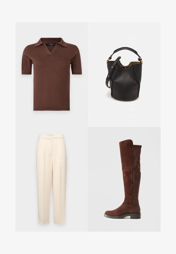 Pruun lühikeste varrukatega polo särk, millel on V-kaelus ja krae, valmistatud pehmest trikookangast, millel on sile tekstuur. Lihtne ja moodne disain.; Beežid kohandatud püksid otse lõikega, ees volditud, siledast tekstuurist ja keskmise kõrgusega vöökoht. Nähtavaid taskuid ei ole.; Pikk pruunist nahast ja kangast saabas madala musta kandiga ja ümarate varvastega, nähtav külgvaates lihtsal valgel taustal.; Mustast nahkämbriga kott tekstuurses viimistluses, kuldsete metalldetailide aktsentidega ja avatud ülaosaga. Omab lühikest käepidet ja reguleeritavat õlavarre rihma.