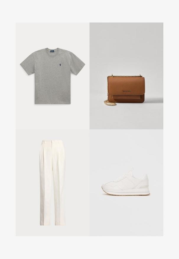 Siva bombažna majica s krojem okoli vratu, kratkimi rokavi in majhnim modrim vezenim logotipom konja na levi strani prsnega koša.; Polo Ralph Lauren HEMP WIDE LEG PANT - Hlače - nevis; Bele nizke superge z vezalkami, oblazinjenim podplatom in bež gumijastim podplatom na enobarvni podlagi.; Rjava teksturirana usnjena torba čez ramo z zlatim verižnim trakom in zapiranjem na pokrov. Spredaj je vidna podrobnost logotipa in žep pod pokrovom.