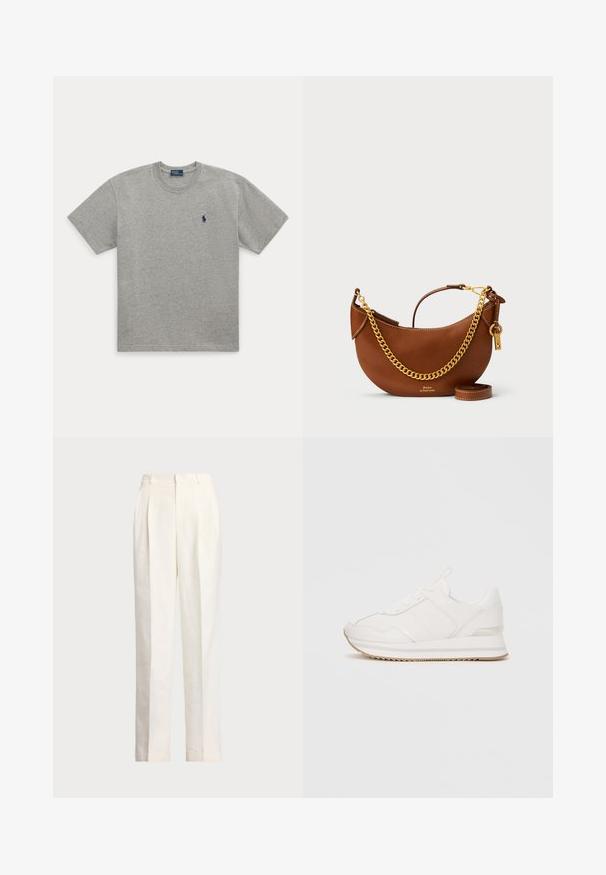 Siva bombažna majica s krojem okoli vratu, kratkimi rokavi in majhnim modrim vezenim logotipom konja na levi strani prsnega koša.; Polo Ralph Lauren HEMP WIDE LEG PANT - Hlače - nevis; Bele nizke superge z vezalkami, oblazinjenim podplatom in bež gumijastim podplatom na enobarvni podlagi.; Rjava usnjena torbica s ukrivljenim dizajnom, zlatim verižnim trakom, notranjim žepom in snemljivim ramenskim trakom. Ima kontrastno šivanje.