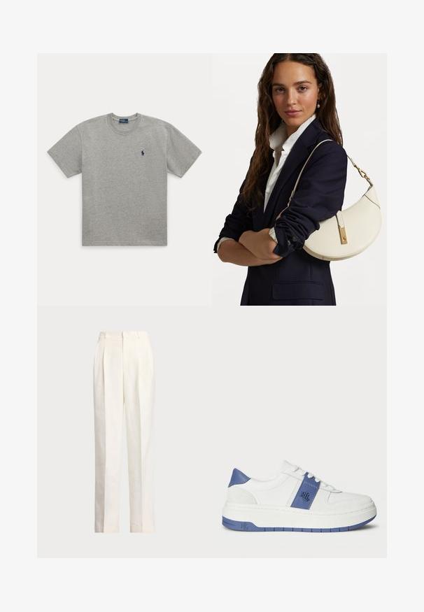 Grå bomullströja med rund halsringning, korta ärmar och en liten blå broderad hästlogotyp på vänster bröst.; Polo Ralph Lauren HEMP WIDE LEG PANT - Tygbyxor - nevis; Vita sneakers med blå accenter, med en slät läderöverdel, en strukturerad sidopanel och en tjock vit sula med blå detaljer.; Vit läderhandväska med en böjd form, gyllene detaljer och en texturerad yta, bärs över en mörk blazer och vit skjorta.